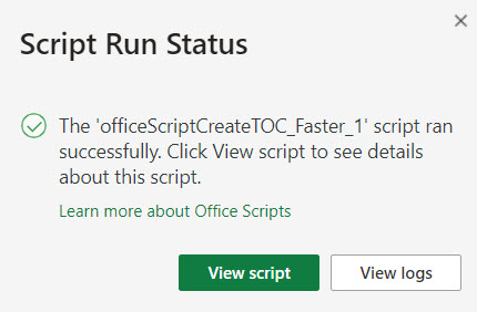 Script Editor pane shows script completed after you click a Script button in Excel on-line