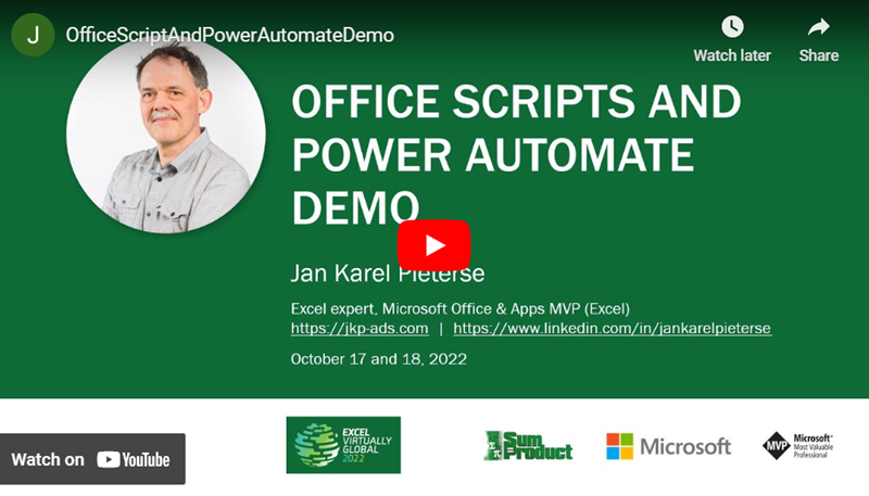 Office script presentation on Excel virtually global 2020 (links to youtube)