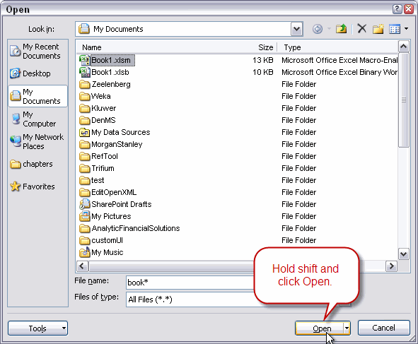 Selecting the file from the File, Open dialog