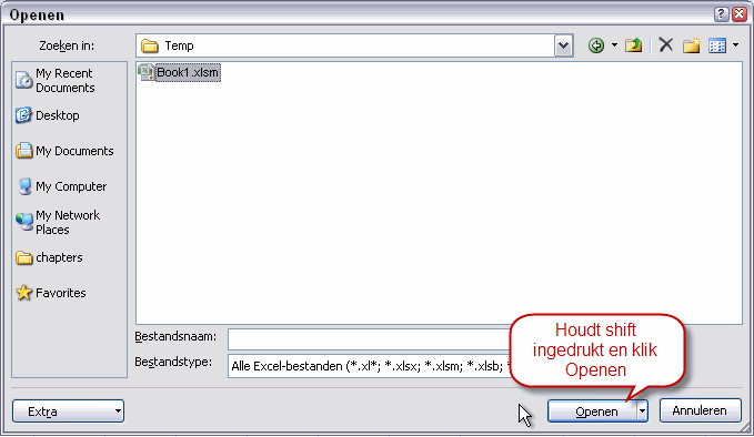 Een bestand selecteren uit het Bestand, Openen dialoogvenster (Excel 2010)