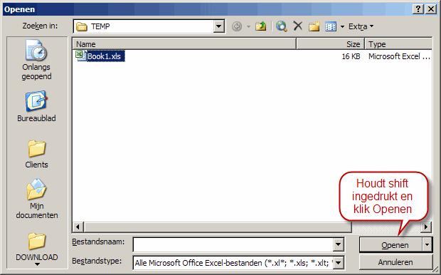 Het bestand openen vanuit het Bestand, Openen venster (Excel 97-2003)