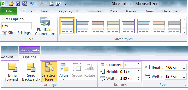 Excel 2010 ribbon for slicer editing