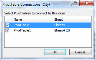the Pivottable Connections dialog