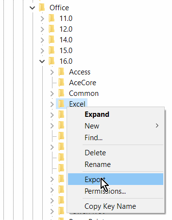 Exporting Excel's main entry in the registry