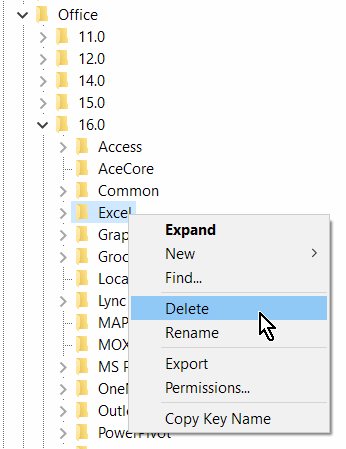 Verwijderen van de register sleutel van Excel