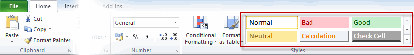 Styles in the Excel 2010 ribbon