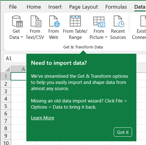 Teaching callout to help importing data in Excel