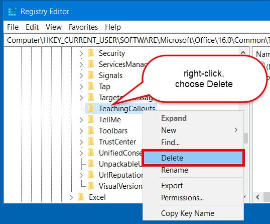 Resetting all Teaching callouts in te registry