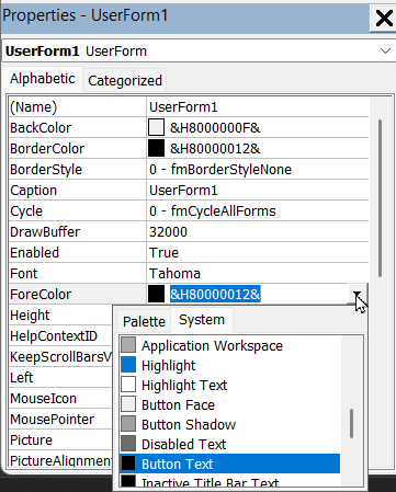 Color picker in userform properties pane