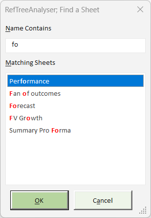 Screenshot of the Find a sheet dialog of RefTreeAnalyser, the ultimate Excel formula auditing tool.