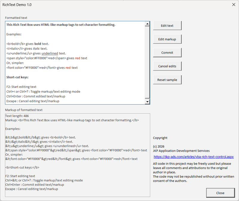 Screenshot of the demo form of the Rich Text Box demo file.
