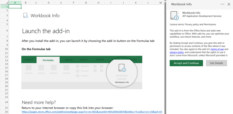 Excel shows the welcome screen and prompt to accept terms for the Workbook Info add-in