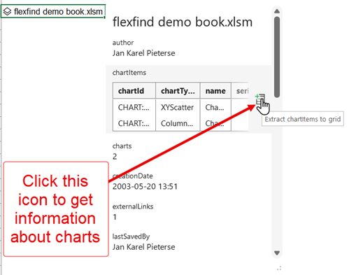 Screenshot: Workbook Info function with details card containing a button to send items to the cell grid