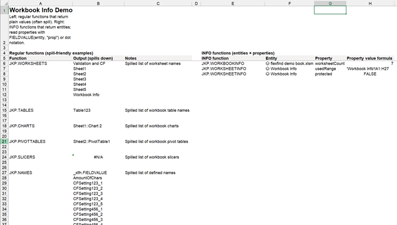 Screenshot: Demo sheet inserted by the Workbook Info add-in