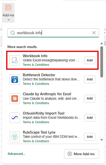 Excel online Home tab with the Get Add-ins button, searching for the Workbook Info add-in