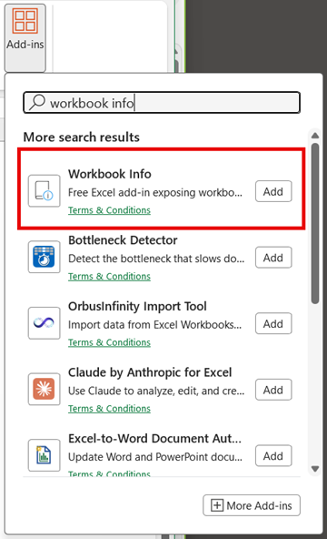 Excel Home tab with the Get Add-ins button, searching for Workbook Info