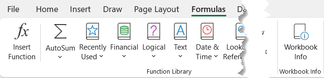 Screenshot: Workbook Info button on Formulas tab of Excel ribbon