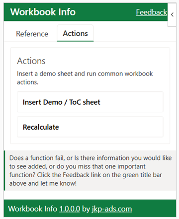 Screenshot: Workbook Info task pane displaying the Actions tab