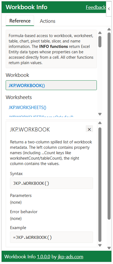 Screenshot: Workbook Info task pane displaying the reference tab
