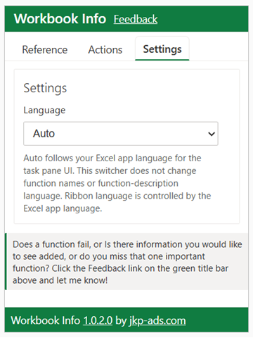 Screenshot: Workbook Info task pane displaying the Settings tab