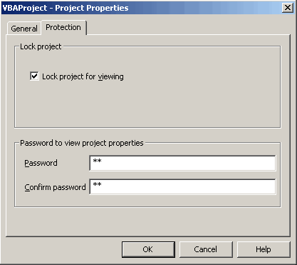 The protection tab of the VBAProject properties dialog