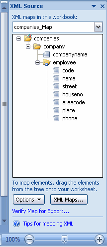 The structure of the xml file shows up in the taskpane