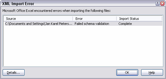 Error message caused by importing an XML file that violates its schema
